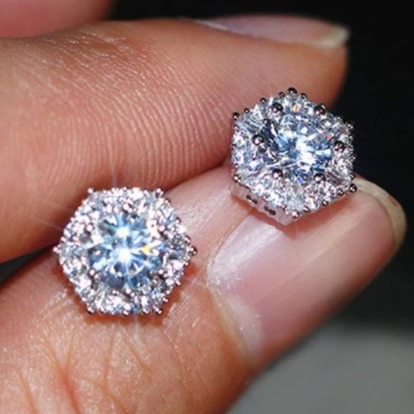 NEW Hexagon Cut Diamond Halo Silver Stud Earrings - Picture 2 of 6